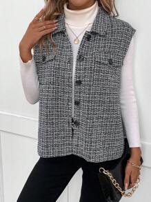 SHEIN LUNE Hoa văn kẻ sọc Chi tiết về Flap Áo khoác vest - màu đen - Xem 4