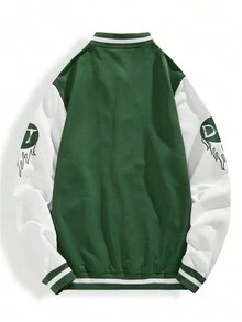 Manfinity Hypemode 男士寬鬆版型的大學夾克,帶有字母印花,條紋飾邊和色塊設計 - 綠色 - 查看 2