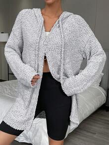 SHEIN LUNE Drop Shoulder Drawstring Hooded Duster Cardigan - Grey - View 3