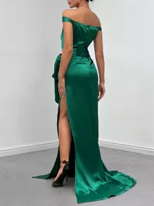 SHEIN Unity 一字肩自綁腰帶高衩緞面正式洋裝 - 綠色 - 查看 2
