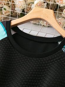 SHEIN LUNE 加大码条纹插肩袖套头卫衣 秋季卫衣 - 黑色 - 查看 4