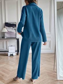 SHEIN Essnce 素色前紐扣襯衫&闊腿褲 - 水鴨藍 - 查看 2