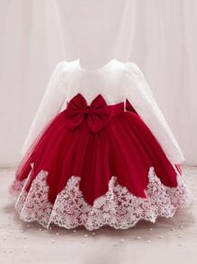 SHEIN Glamorique Kids Baby Girl Two Tone Contrast Lace Bow Front Mesh Hem Party Dress