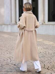 EURMUSE Lapel Neck Drop Shoulder Belted Overcoat - Beige - View 2