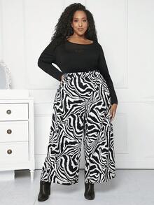 SHEIN CURVE+ 大碼斑馬條紋闊腿褲 - 黑與白 - 查看 6