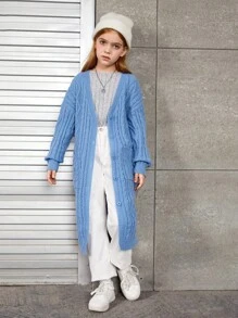 SHEIN Tween Girl Drop Shoulder Pocket Patched Cardigan - Blue - View 5