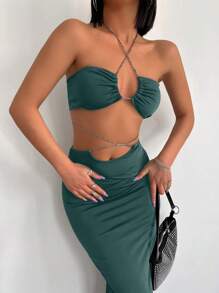RueChic Crisscross Tie Backless Halter Top & Skirt - Dark Green - View 2