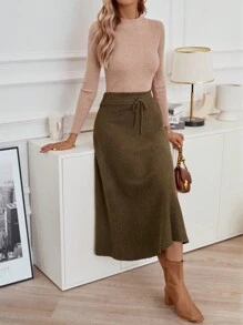 SHEIN Clasi 腰部抽繩針織短裙 - 棕色 - 查看 5