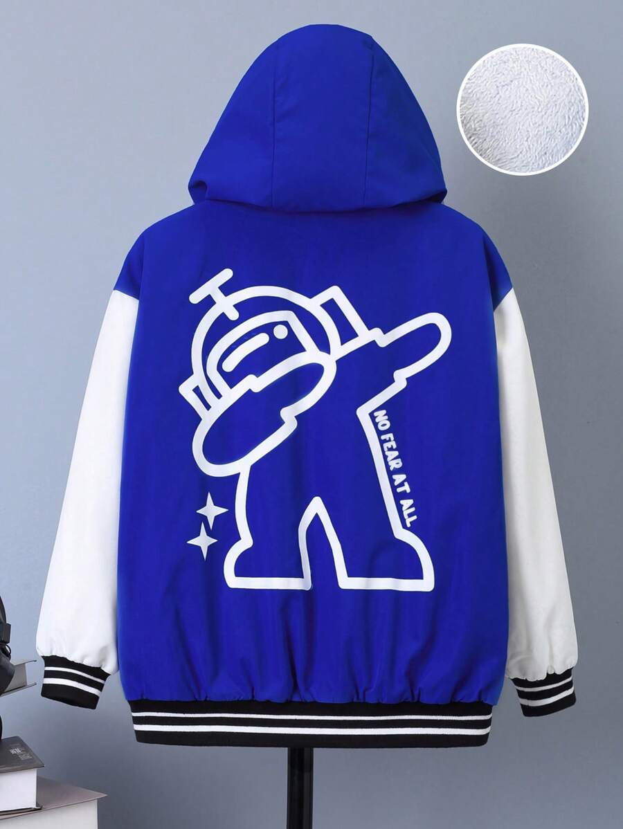 SHEIN Tween Boy Letter & Cartoon Graphic Striped Trim Hooded Thermal Lined Jacket - Blue - View 1