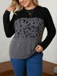 SHEIN LUNE Hơn In hoa Báo Khối màu Áo thun - Xám - Xem 1