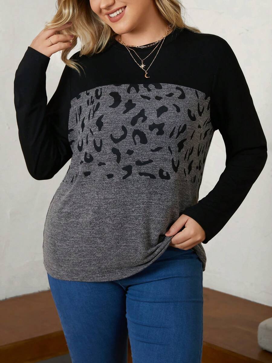 SHEIN LUNE Hơn In hoa Báo Khối màu Áo thun - Xám - Xem 1