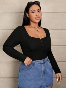 SHEIN EZwear 大碼前紐扣T恤 - 黑色 - 查看 4