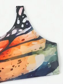 Swim EVENT 夏季海灘蝴蝶印花單肩比基尼套裝，搭配沙灘裙 - 彩色 - 查看 5