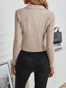 SHEIN EZwear 條紋針織拉鏈開襟短款開衫 - 杏色 - 查看 2