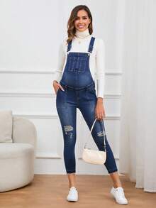 SHEIN 孕婦1入組破洞牛仔背帶褲 - 中等水洗藍 - 查看 4