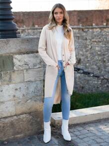 SHEIN LUNE Solid Button Front Dual Pocket Cardigan - Beige - View 4