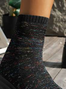 女性休閒針織高跟鞋厚鞋底時尚黑色彈性彈力靴 - 黑色 - 查看 5