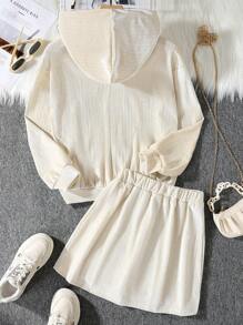 SHEIN Tween Girl Letter Embroidery Drop Shoulder Hooded Jacket & Skirt - Apricot - View 2