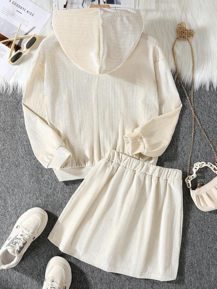 Tween Girl Letter Embroidery Drop Shoulder Hooded Jacket & Skirt