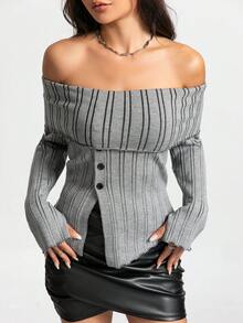 SHEIN Unity 一字肩折邊一字肩下擺開叉紐扣細節套頭毛衣 - 灰色 - 查看 4