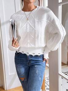 SHEIN Essnce Jersey tejido de cable de hombros caídos - Blanco - Ver 5