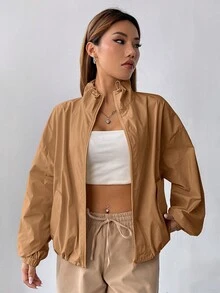 SHEIN EZwear Dây kéo Thả vai Áo khoác - Lạc đà - Xem 5