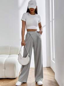 SHEIN EZwear 純色高腰褶皺細節西裝褲 - 灰色 - 查看 5