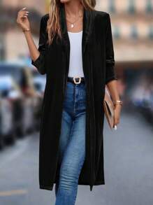 Editum Solid Open Front Coat In Fall/Winter Spring Summer Elegant - Black - View 6