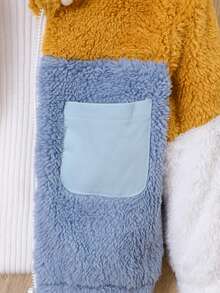 Baby Boys Colorblock Zip Up Pocket Patched Hooded Teddy Coat Without Sweater - Khaki - View 7