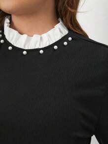 SHEIN Frenchy Plus Pearls Beaded Frill Trim Tee - Black - View 4