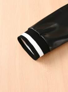 SHEIN 女小童字母圖案條紋飾邊學院風夾克 - 黑色 - 查看 5