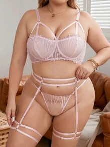 大碼網紗鋼圈吊帶襪內衣套裝 - 粉色 - 查看 5