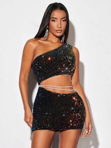 SHEIN BAE Christmas One Shoulder Sequin Bodycon Dress - Black - View 5