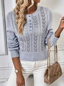SHEIN LUNE Suéter de punto con botones a la mitad y diseño de calado para otoño e invierno - Azul - Ver 5