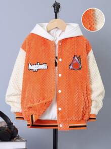 SHEIN Tween Boy Letter Patched Striped Trim Drop Shoulder Varsity Jacket Without Hoodie - Orange - View 1