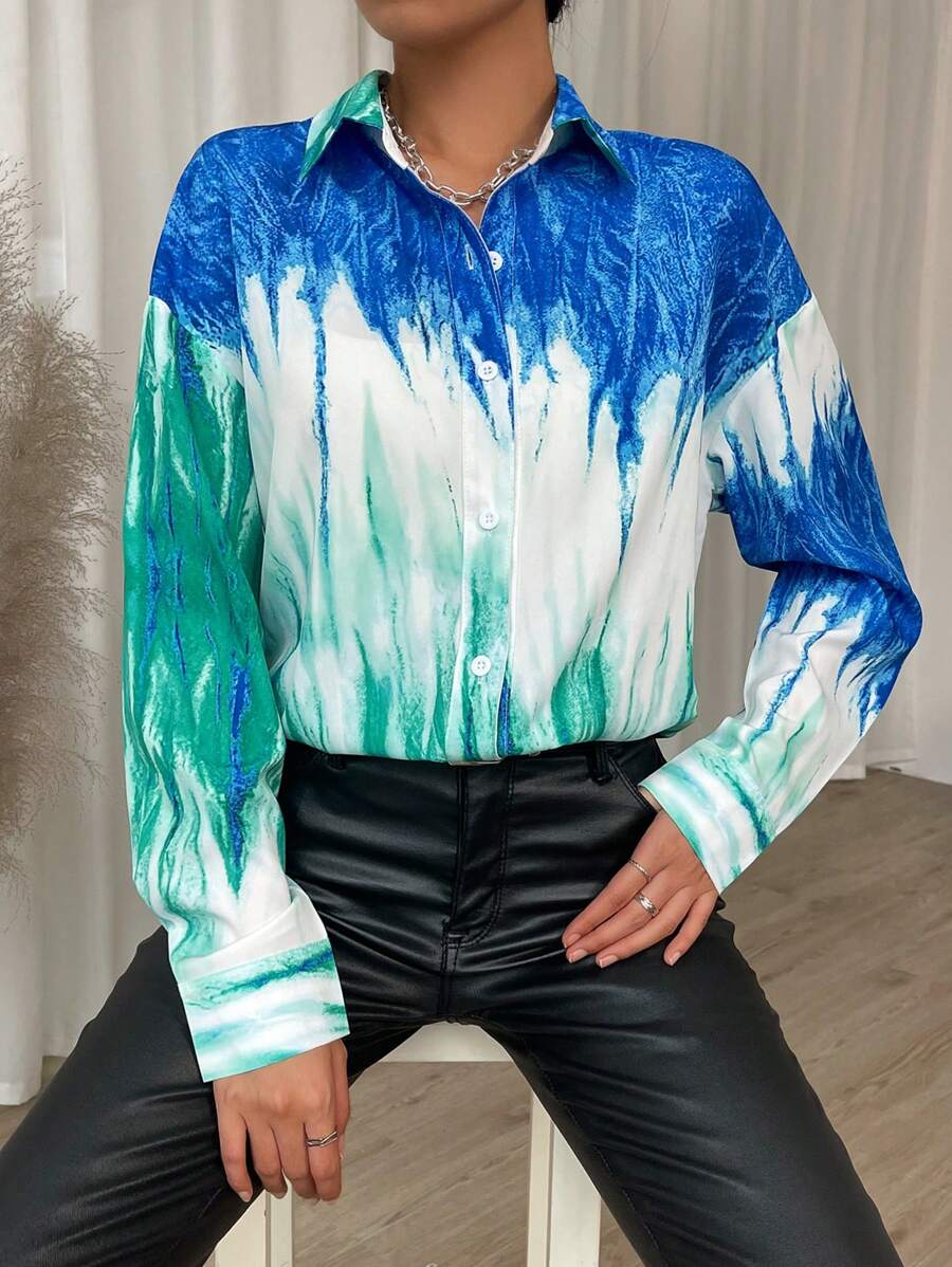 SHEIN Essnce Nhuộm buộc Thả vai Nút phía trước Áo sơ mi - Nhiều màu - Xem 1