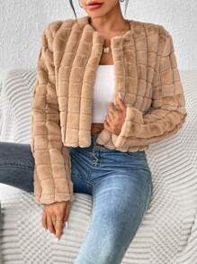 SHEIN Privé Chất rắn Mở Mặt trước Mùa vụ 	
Fuzzy áo - Màu Khaki - Xem 6