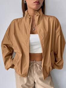 SHEIN EZwear Dây kéo Thả vai Áo khoác - Lạc đà - Xem 2