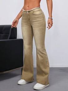 SHEIN ICON 毛邊緣牛仔喇叭褲 - 卡其色 - 查看 5