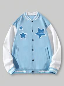 Men Star & Slogan Patched Two Tone Varsity Jacket - Blue and White - View 2