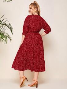 SHEIN Unity 大碼波點圖案缺口領A字洋裝 - 酒紅色 - 查看 2
