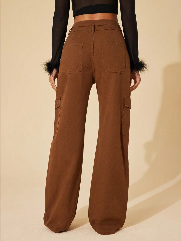 High Waist Flap Pocket Cargo Jeans