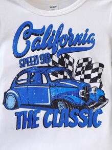 SHEIN Young Girl Car & Letter Graphic Tee & Pants & Bag - Blue - View 4