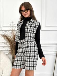 RueChic Garota Adolescente Impressão Xadrez Jaqueta Colete & Shorts