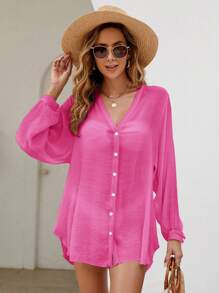 Swim Vcay Summer Beach Solid Button Front Kimono - Hot Pink - View 5