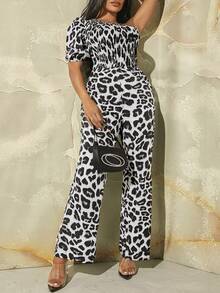 SHEIN SXY Leopard Print One Shoulder Puff Sleeve Jumpsuit - Black and White - View 3