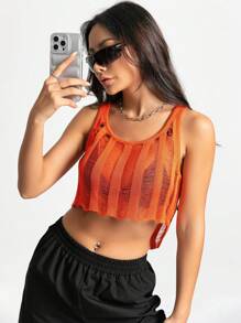 SHEIN Unity 素色破洞針織短上衣 - 橘色 - 查看 5