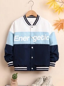 SHEIN Chaqueta cómoda para niño preadolescente con cuello de béisbol y bloque de color - Verde - Ver 5