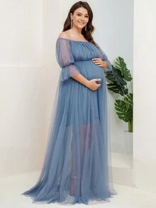 Maternity Off Shoulder Ruched Bust Mesh Elegant Dress, For Party