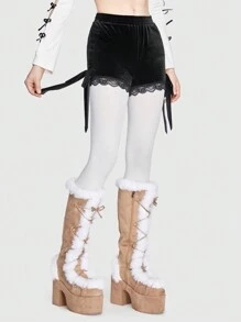 ROMWE Kawaii Shorts ribete con encaje en contraste de terciopelo - Negro - Ver 4